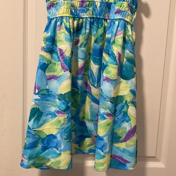 NWOT Blu Pepper L Blue/Green/Purple Palm Pattern Ruffle Dress - Picture 3 of 9